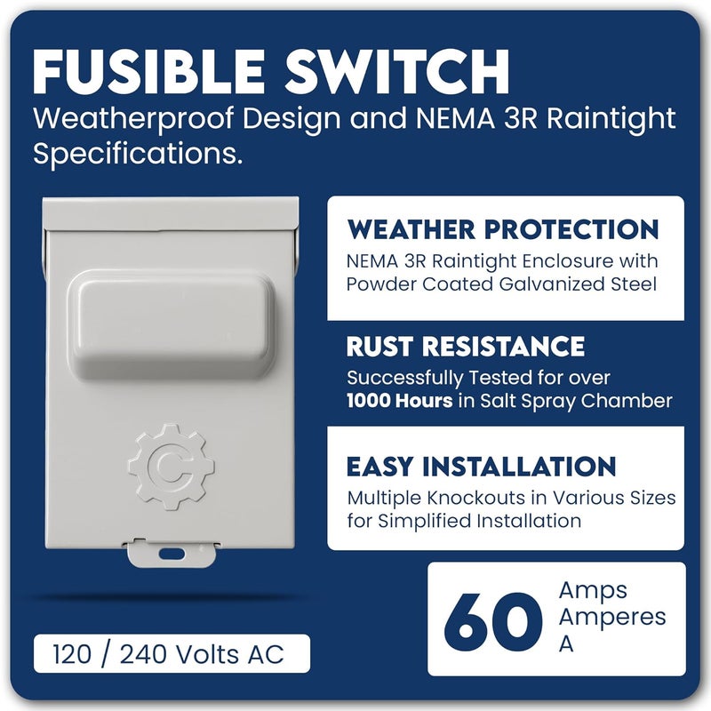 ControlGear 60 Amp Pullout FUSIBLE Disconnect Switch, Brand 240V NEMA 3R Outdoor Metallic Enclosure for HVAC Systems, UL Certified, Single Phase Two Wire (fuses NOT Included) - Image 2
